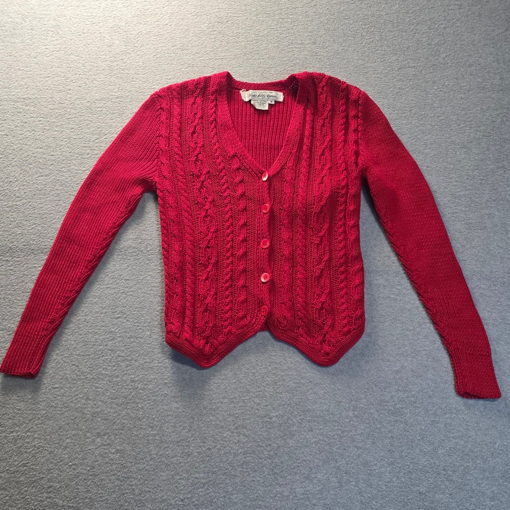 Vintage Saks Fifth Avenue Cable Knit Cardigan Sweater Womens Medium Red Cotton